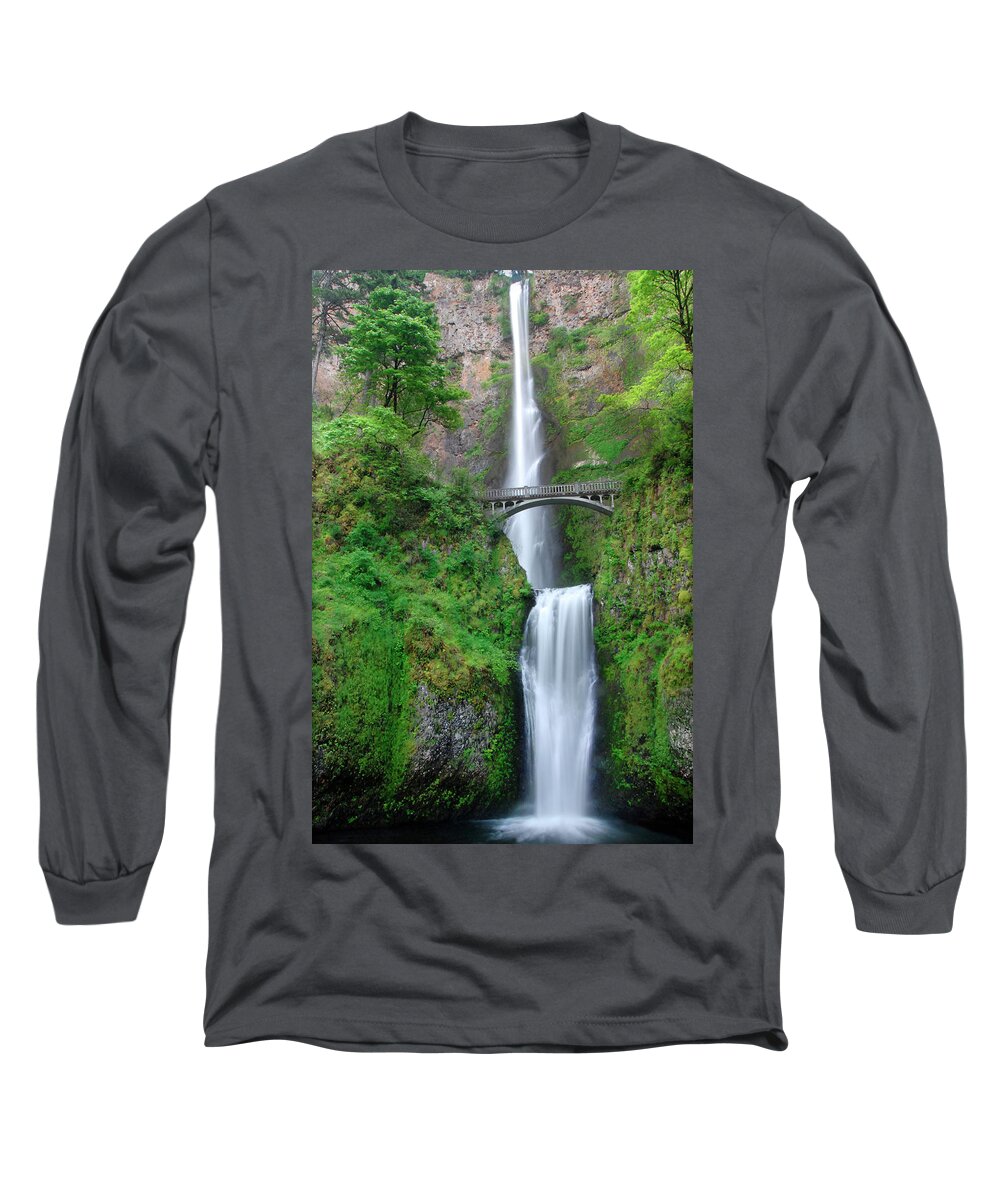 Multnomah Long Sleeve T-Shirt featuring the photograph Double Falls w/Bridge by Ted Keller