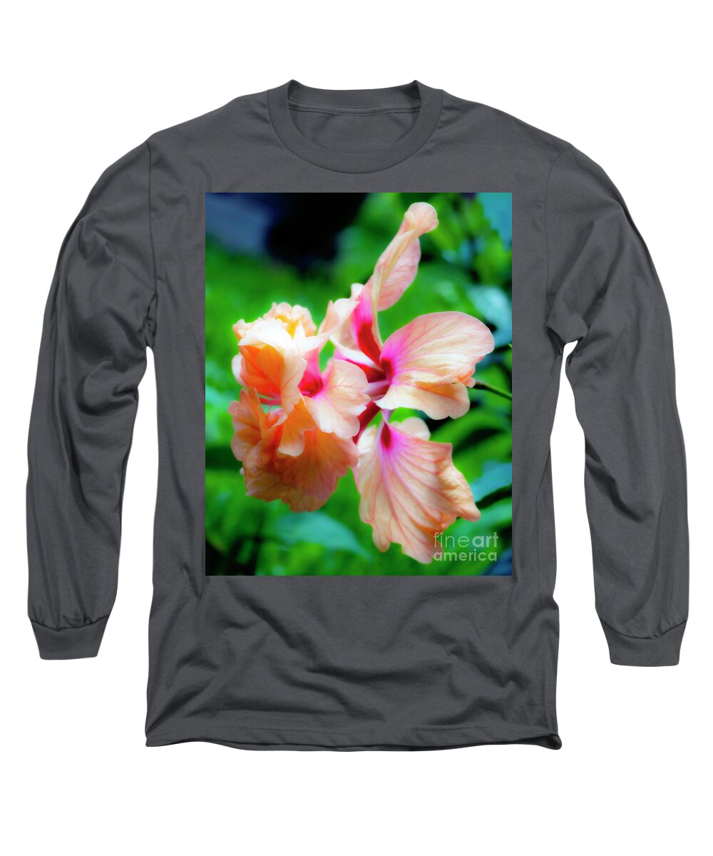 Hibiscus Long Sleeve T-Shirt featuring the photograph Double Peach Hibiscus two by Ken Frischkorn