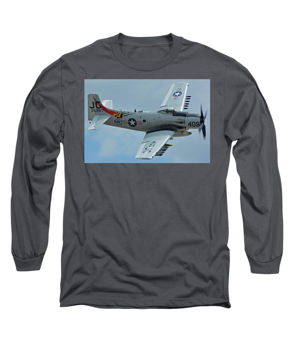 Airplane Long Sleeve T-Shirt featuring the photograph Douglas A-1D Skyraider NX409Z Chino California April 30 2016 by Brian Lockett