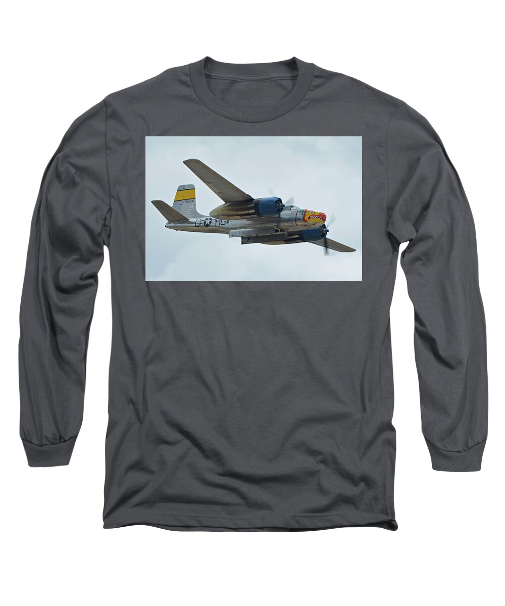Airplane Long Sleeve T-Shirt featuring the photograph Douglas A-26B Invader NL99420 Silver Dragon Chino California April 30 2016 by Brian Lockett