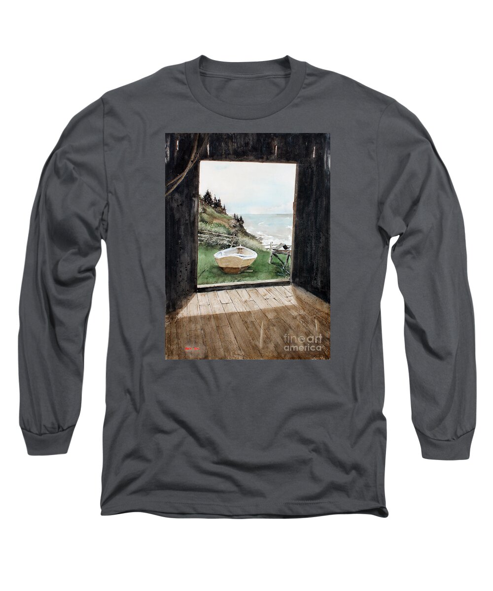 An Old Barn Frames Up An Image Of A Fisherman's Dry Docked Boat And The Rugged Shore Line And Ocean In The Distance. Long Sleeve T-Shirt featuring the painting Dry Docked by Monte Toon