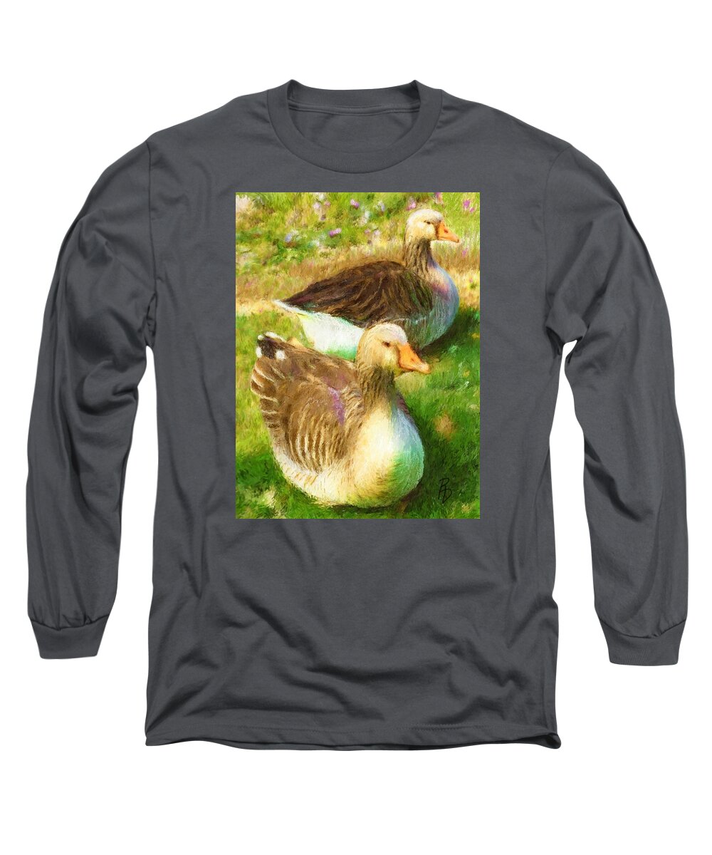 Geese Long Sleeve T-Shirt featuring the digital art Gandering Geese by Ric Darrell