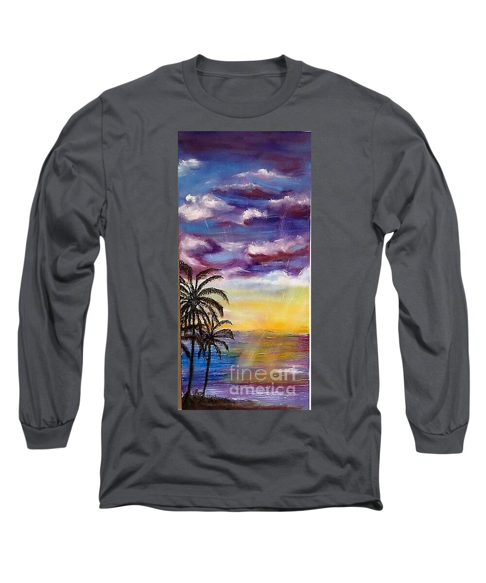 Beach Landscape Long Sleeve T-Shirt featuring the painting Dusk at The Beach by Michael Silbaugh