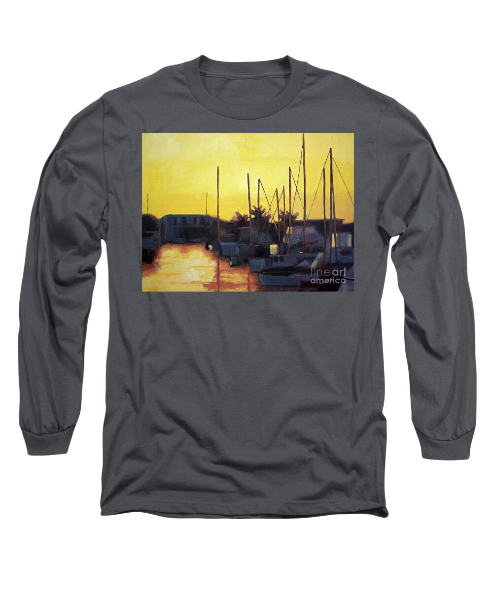 Boats Long Sleeve T-Shirt featuring the painting Dusk at the marina by Tate Hamilton