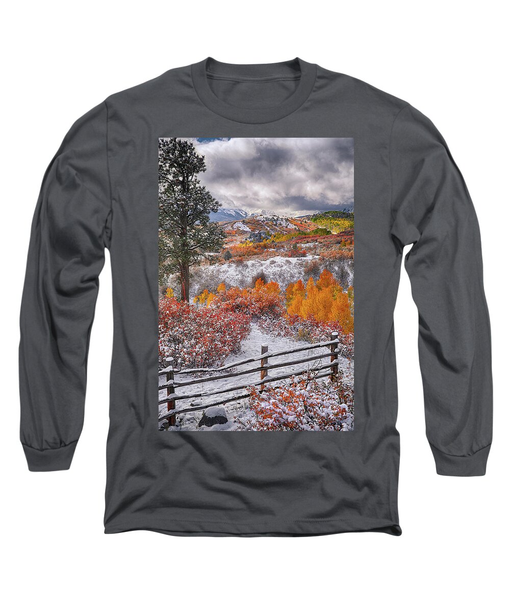Dallas Divide Long Sleeve T-Shirt featuring the photograph Early Snowfall at Dallas Divide by Priscilla Burgers