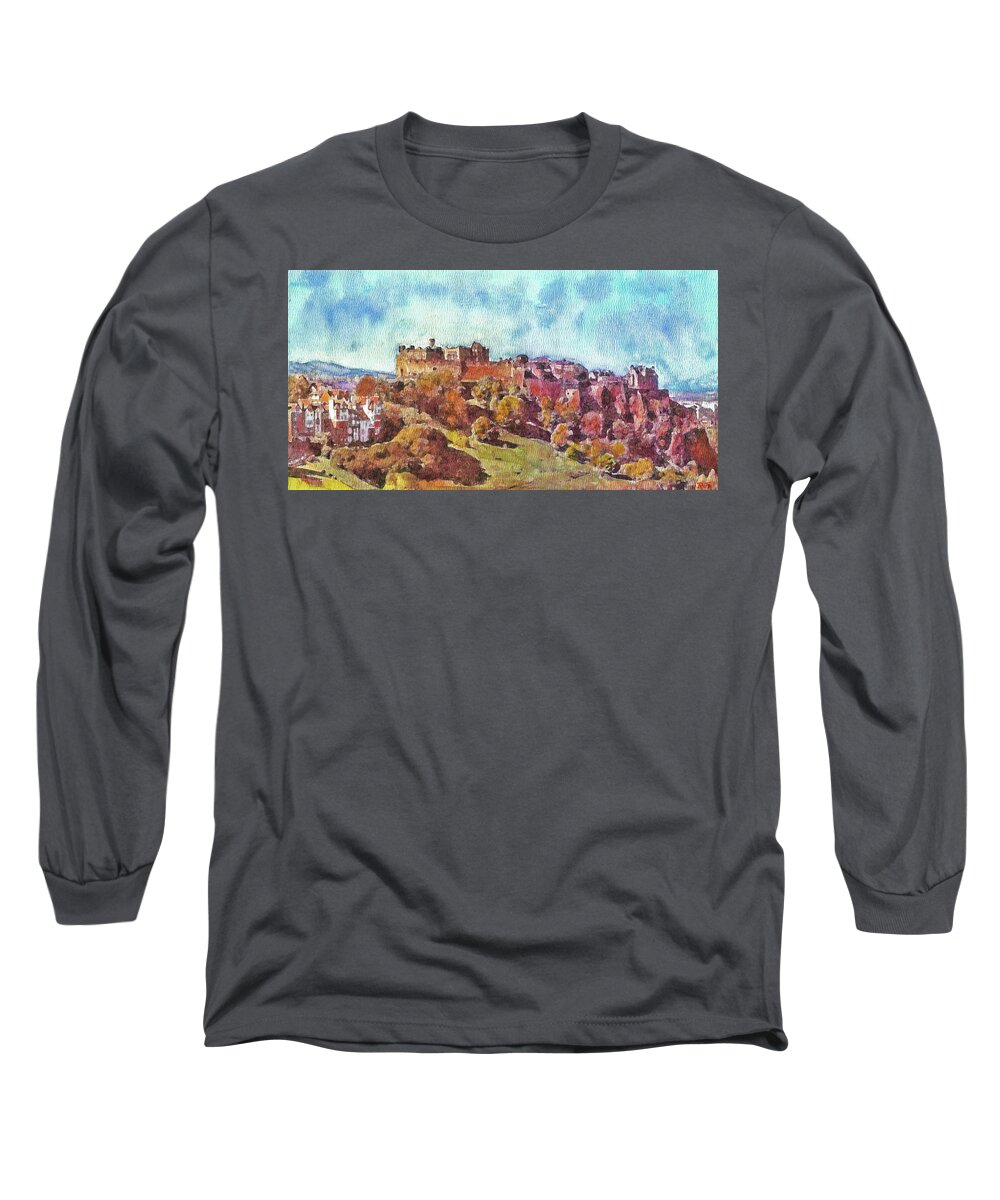 Landscape Long Sleeve T-Shirt featuring the painting EDINBURGH SKYLINE No 1 by Richard James Digance