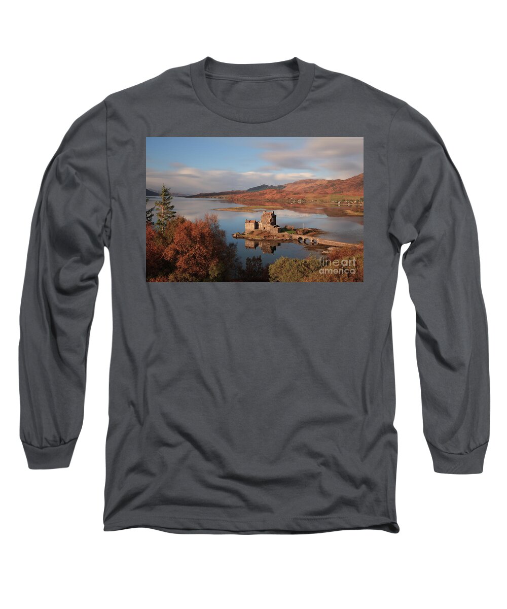Eilean Donan Castle Long Sleeve T-Shirt featuring the photograph Eilean Donan Castle in Autumn - Long exposure by Maria Gaellman