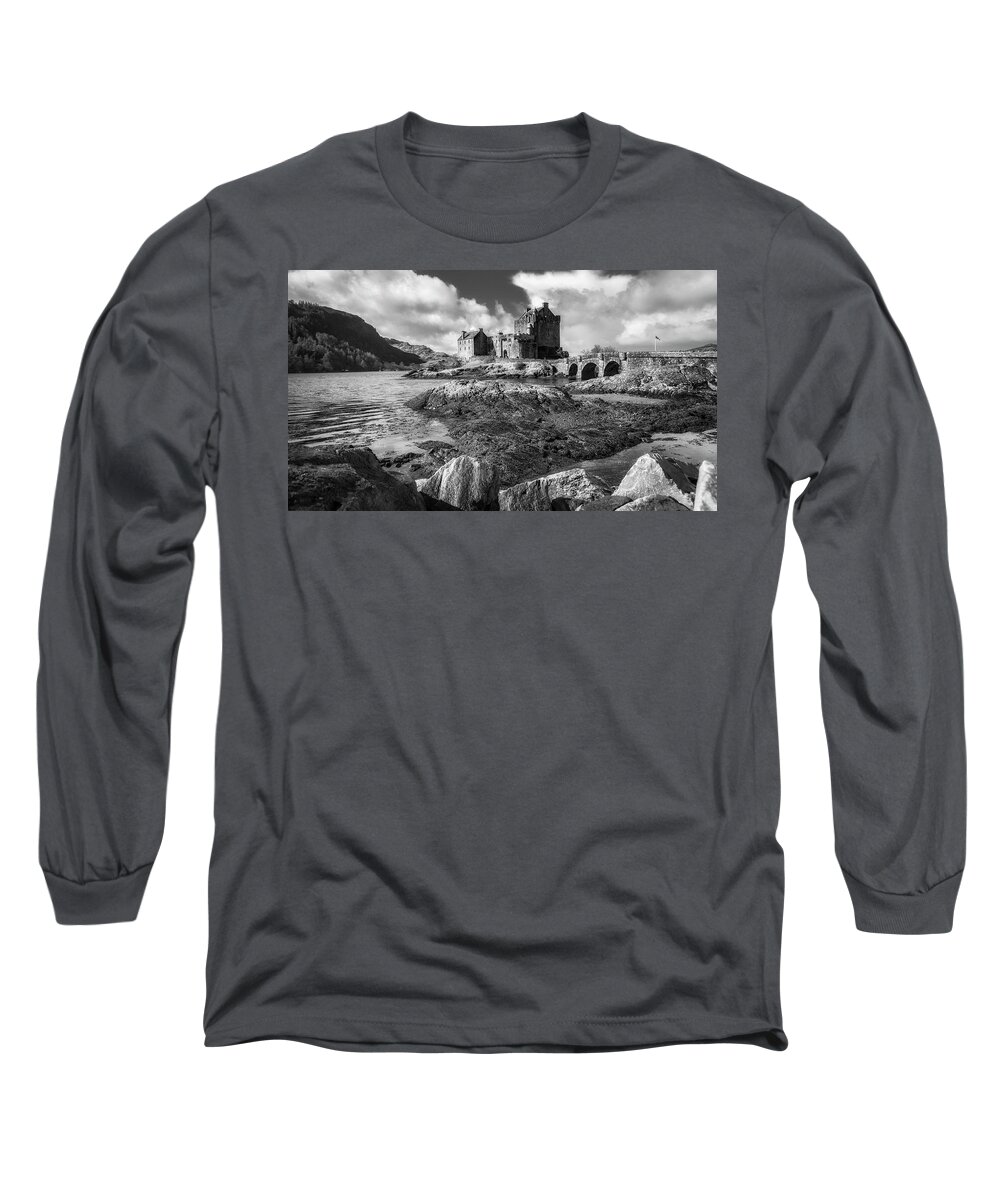 Eilean Donan Long Sleeve T-Shirt featuring the photograph Eilean Donan Castle in black and white by Holly Ross