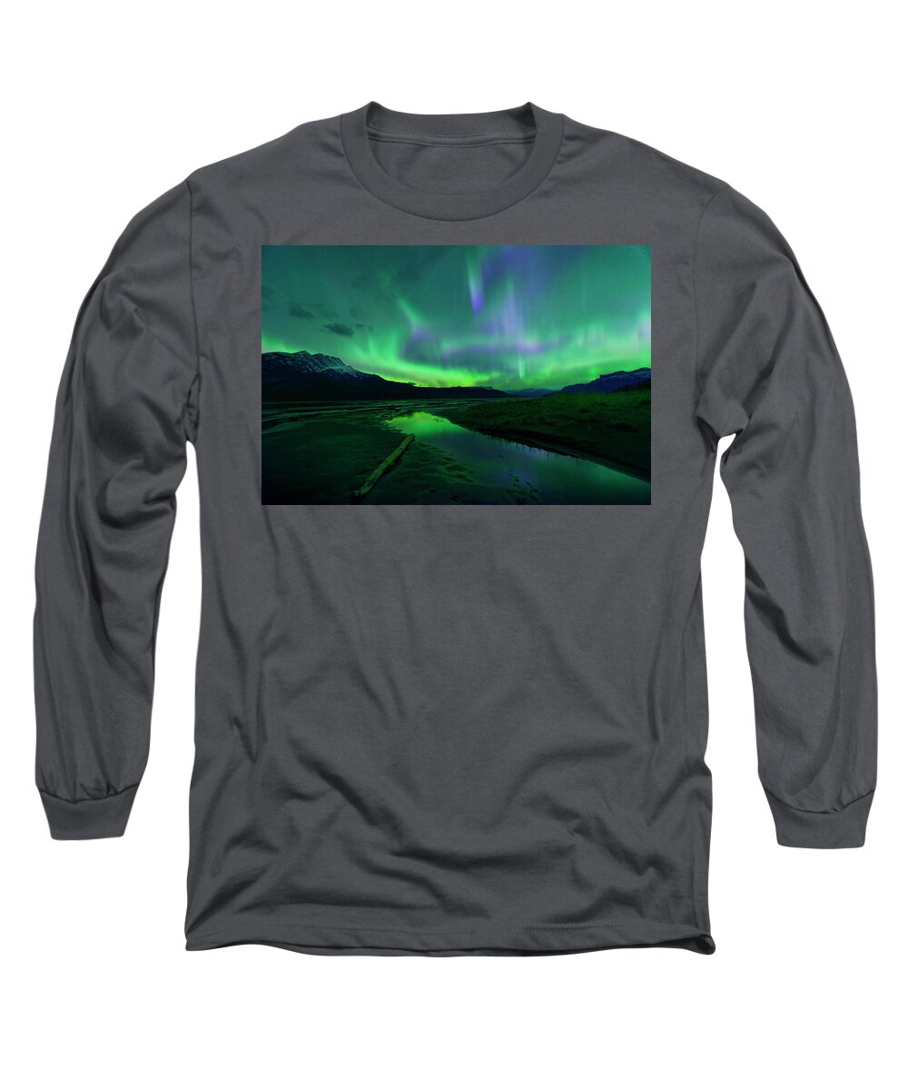 Aurora Long Sleeve T-Shirt featuring the photograph Electric Skies Over Jasper National Park by Dan Jurak