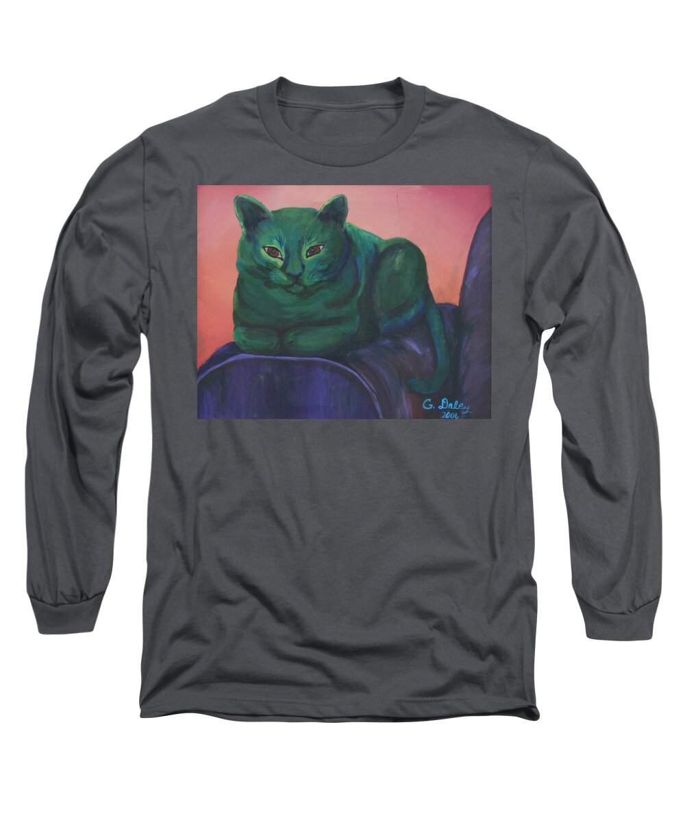 #cat Prints Long Sleeve T-Shirt featuring the painting Emerald by Gail Daley