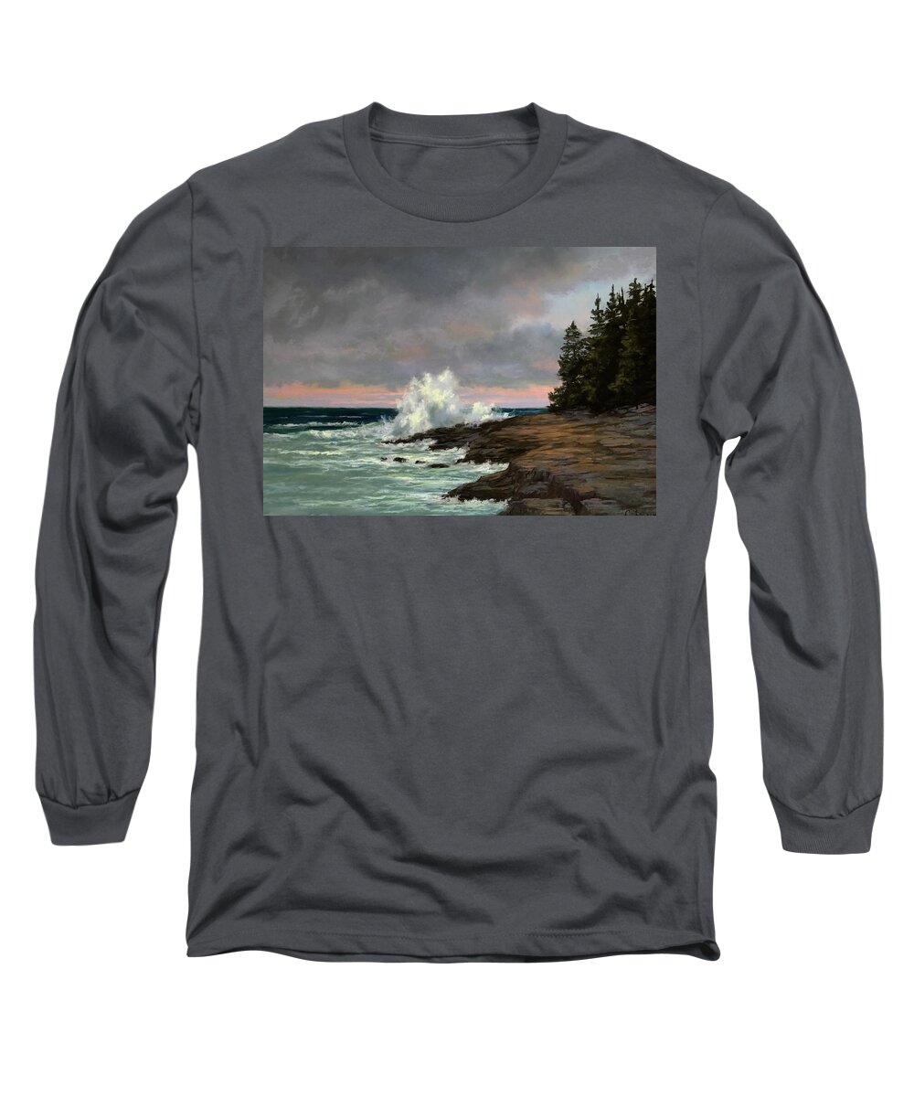 Waves Sunset Sunrise Pine Trees Ocean Seascape Landscape Water Sea Clouds Rocks Shoreline Long Sleeve T-Shirt featuring the pastel End of the Day by Candice Ferguson