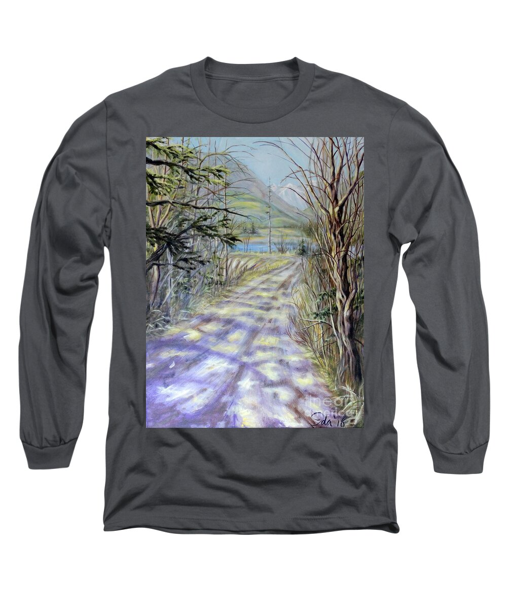 Estuary Sky Water Trees Bushes Branches Evergreens Mountains Road Path Landscape River Grasses Yellow Brown Green Blue White Purple Orange Sunlight Shade Shadows Long Sleeve T-Shirt featuring the painting End Of Winter by Ida Eriksen