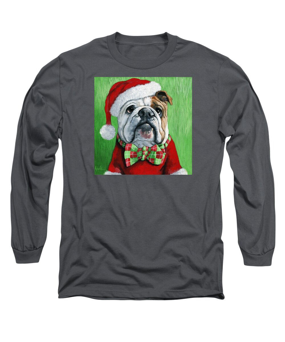Santa Dog Long Sleeve T-Shirt featuring the painting Holiday Cheer -English Bulldog Santa dog painting by Linda Apple
