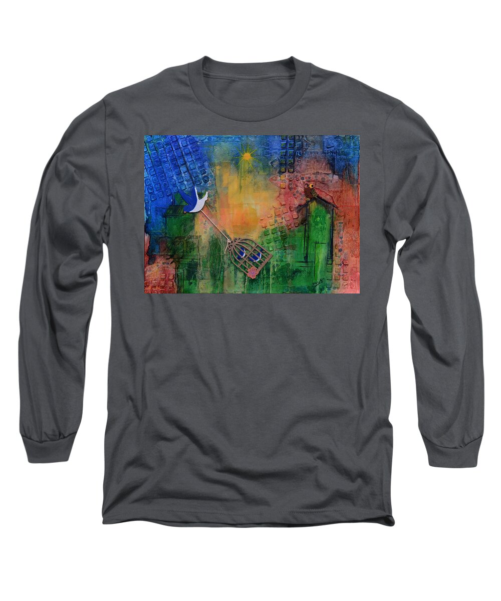 Bluebirds Long Sleeve T-Shirt featuring the mixed media Escaping The City by Donna Blackhall