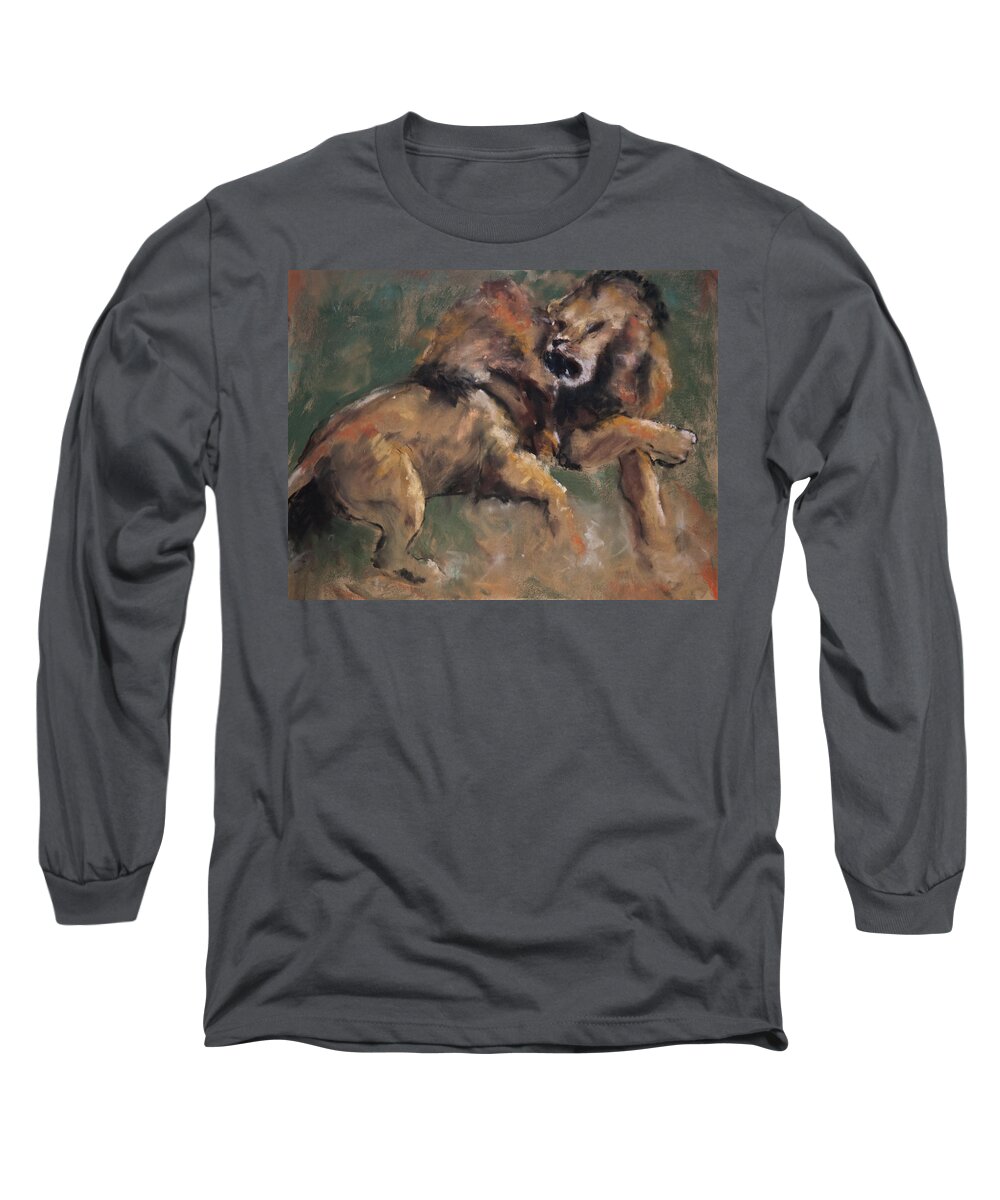 Lions Long Sleeve T-Shirt featuring the pastel 'Establishing Position' by Jim Fronapfel