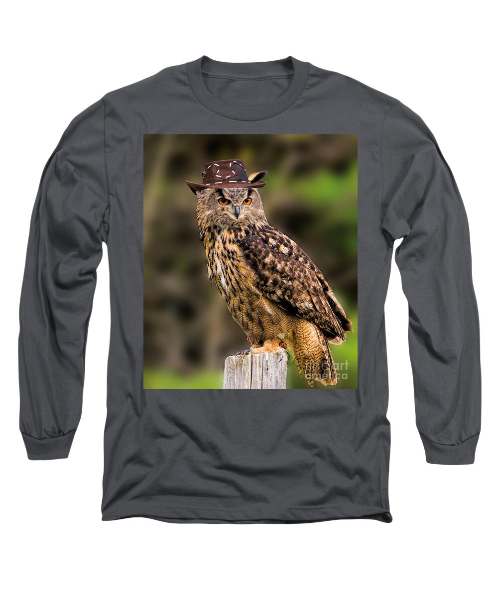 Birds Long Sleeve T-Shirt featuring the photograph Eurasian Eagle Owl with a cowboy hat by Les Palenik