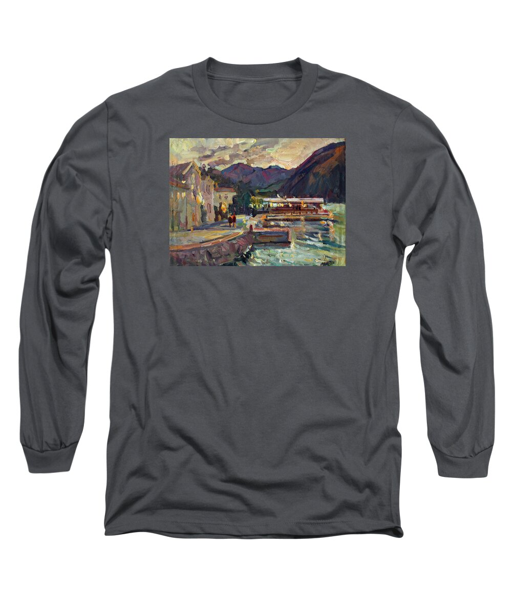 Plein Air Long Sleeve T-Shirt featuring the painting Evening in Prcanj by Juliya Zhukova