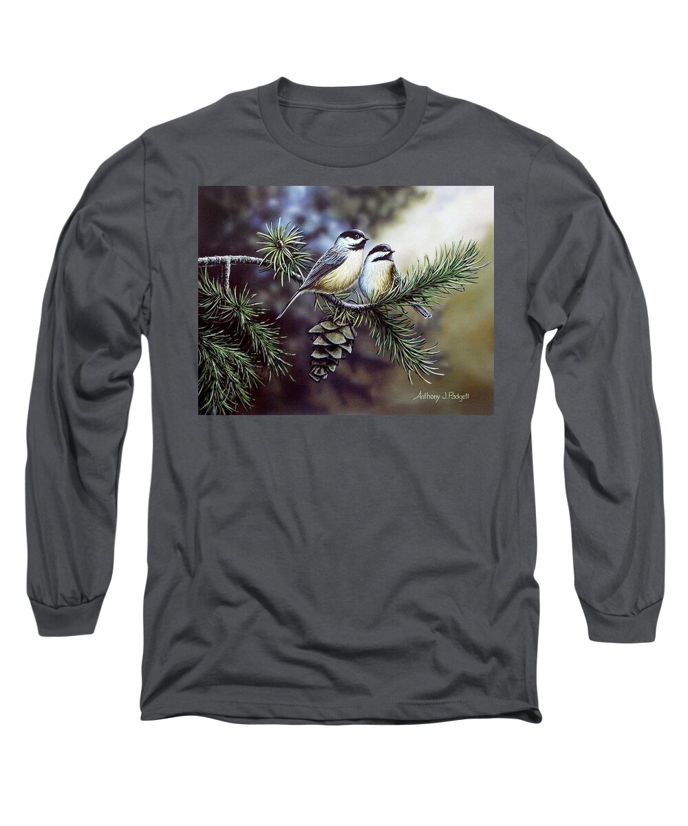 Chickadees Long Sleeve T-Shirt featuring the painting Evergreen Chickadees by Anthony J Padgett