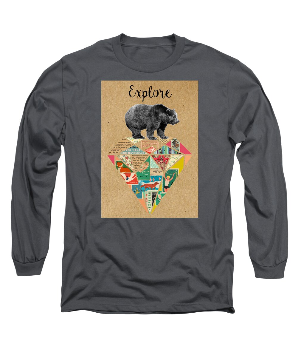 Explore Long Sleeve T-Shirt featuring the mixed media Explore Bear by Claudia Schoen