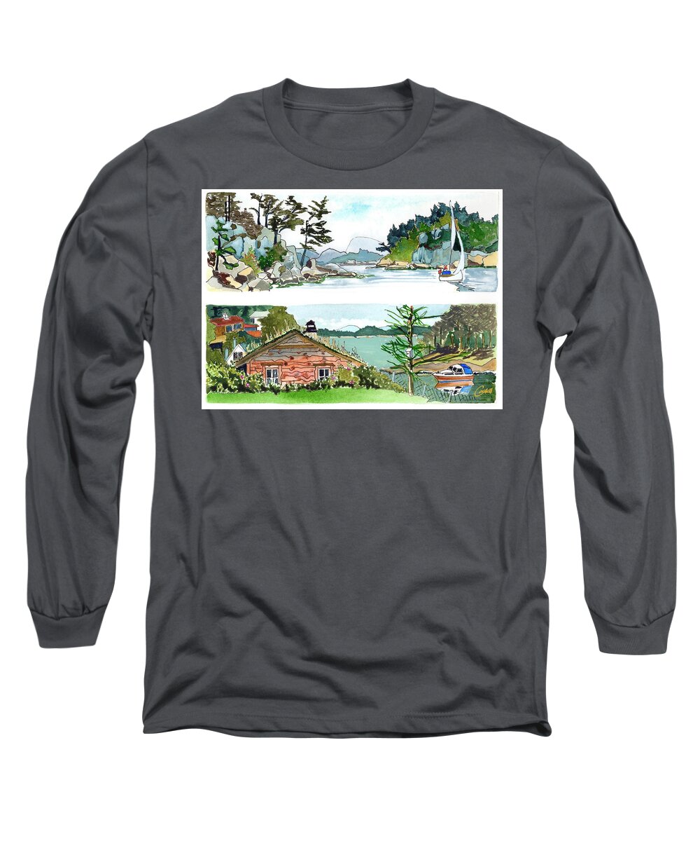 Seaside  Sailing  Fjords Norway Grassed Roofs  Long Sleeve T-Shirt featuring the painting Fanafjord, Norway by Joan Cordell