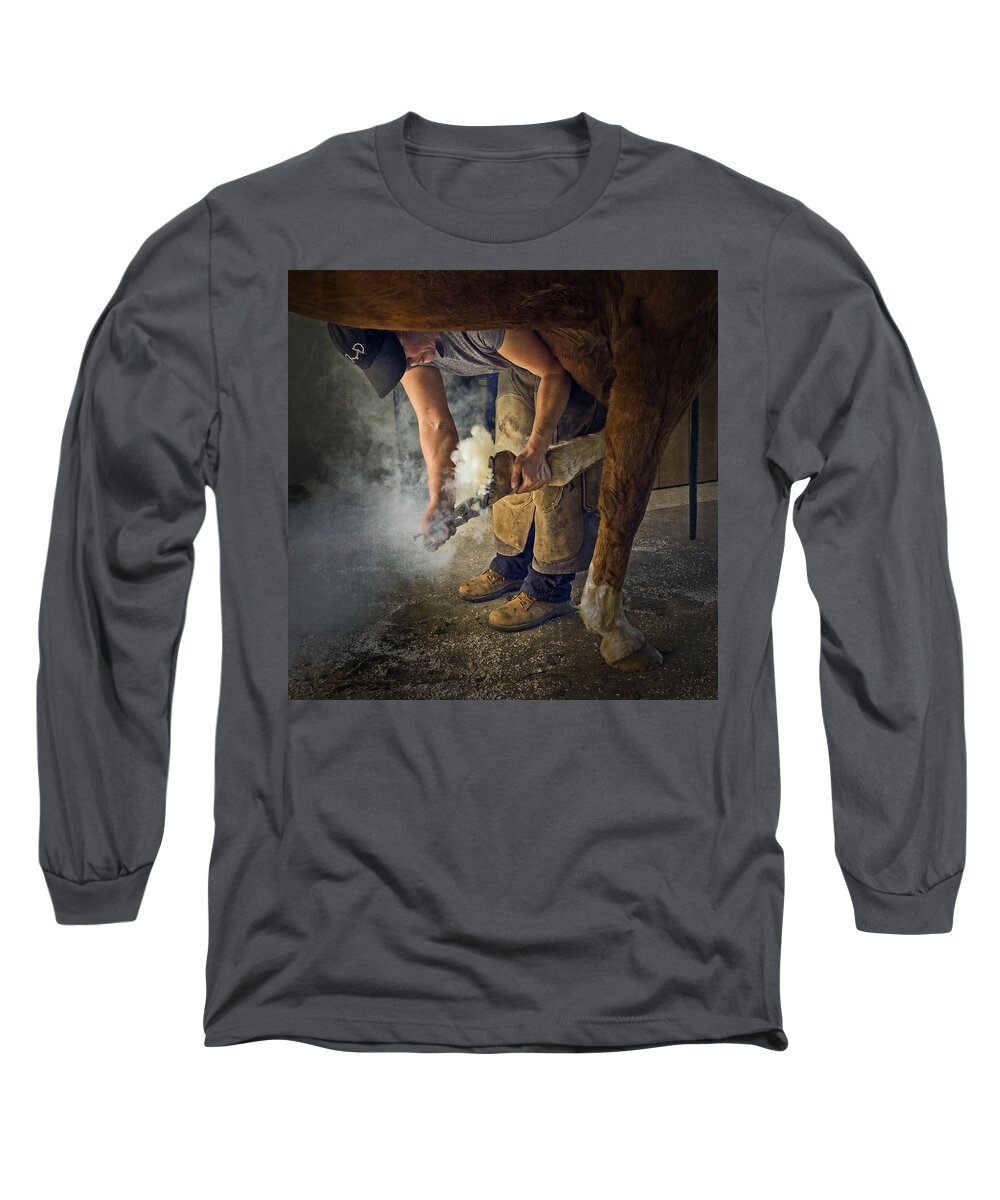 Visit Of Farrier Long Sleeve T-Shirt featuring the photograph Farrier Visit - 365-46 by Inge Riis McDonald