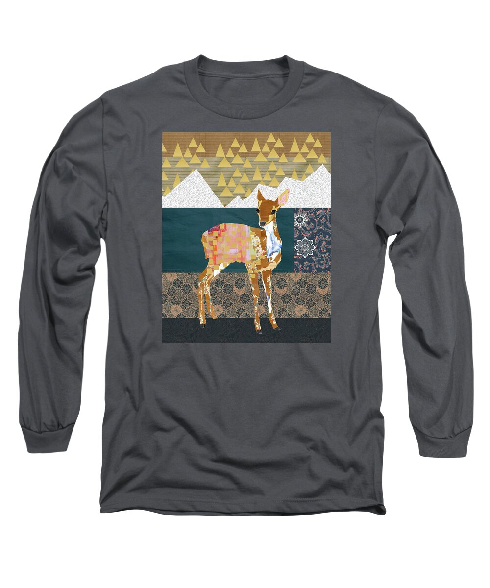 Fawn Collage Long Sleeve T-Shirt featuring the mixed media Fawn Collage by Claudia Schoen