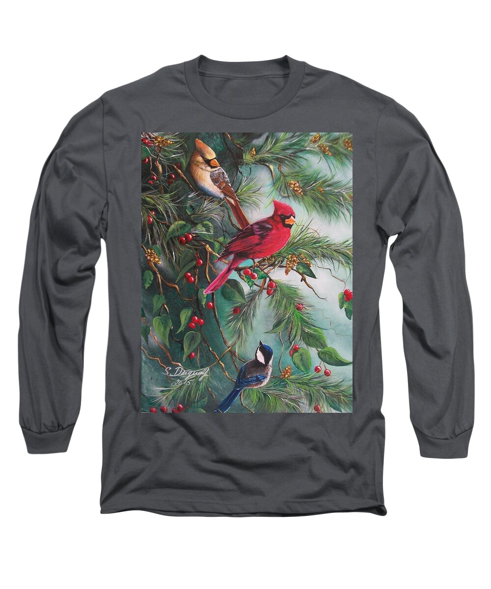 Red Bird Long Sleeve T-Shirt featuring the painting Feathered Friends by Sharon Duguay