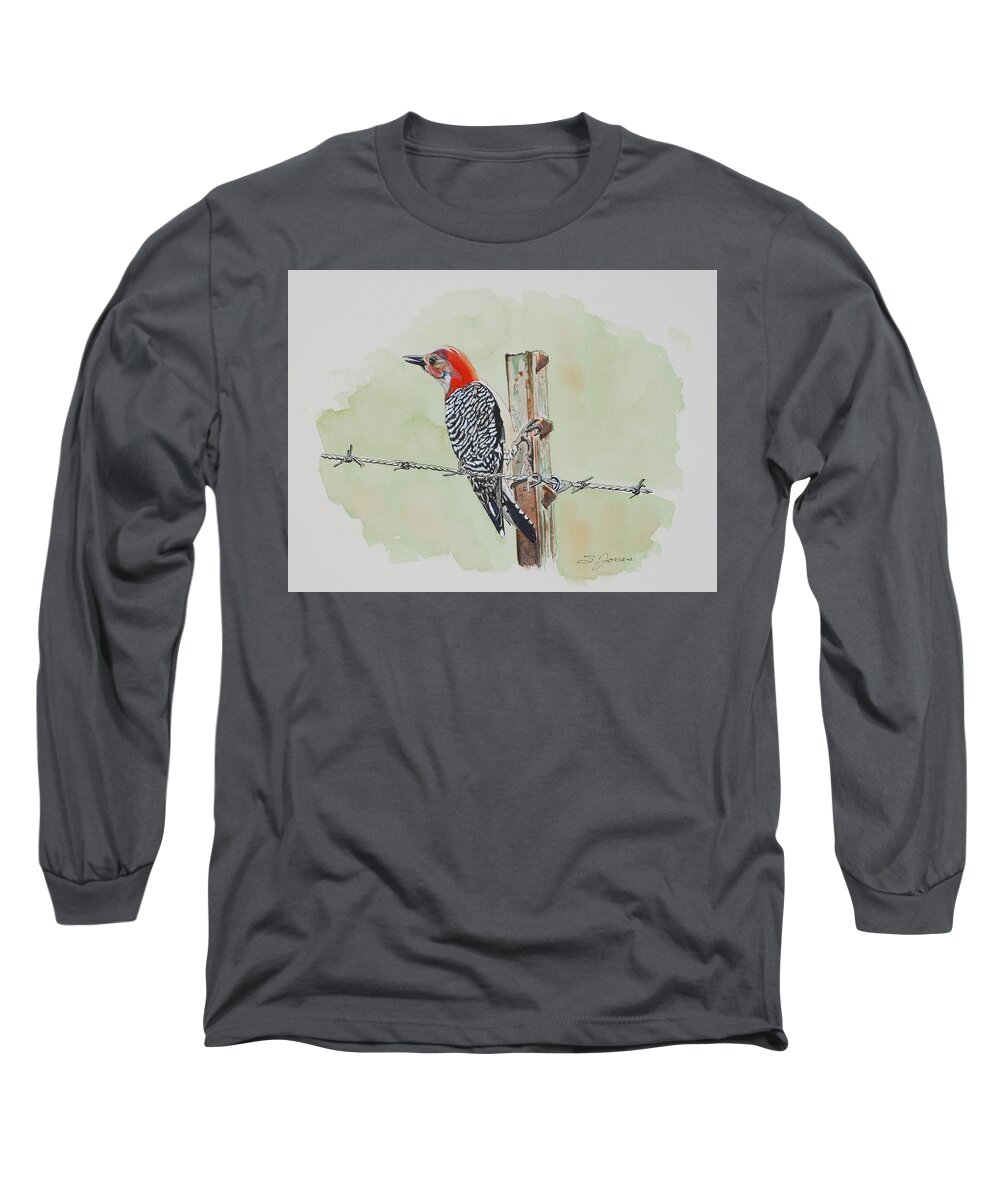 Woodpecker Long Sleeve T-Shirt featuring the mixed media Fence Sitting by Sonja Jones