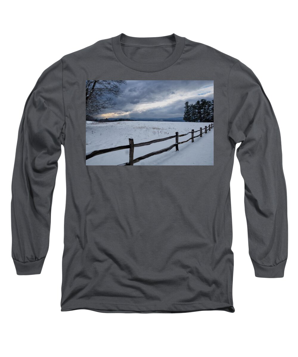 Vermont Winter Long Sleeve T-Shirt featuring the photograph Field And Clouds by Tom Singleton