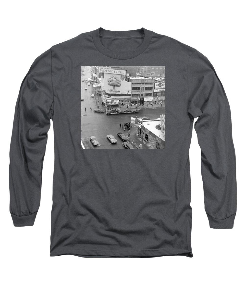 Downtown Minneapolis Long Sleeve T-Shirt featuring the photograph Firetruck heads down Hennepin by Mike Evangelist