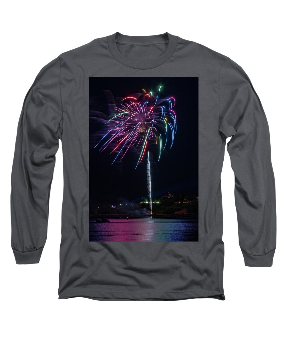 Maine Long Sleeve T-Shirt featuring the photograph Fireworks over Portland, Maine by Colin Chase