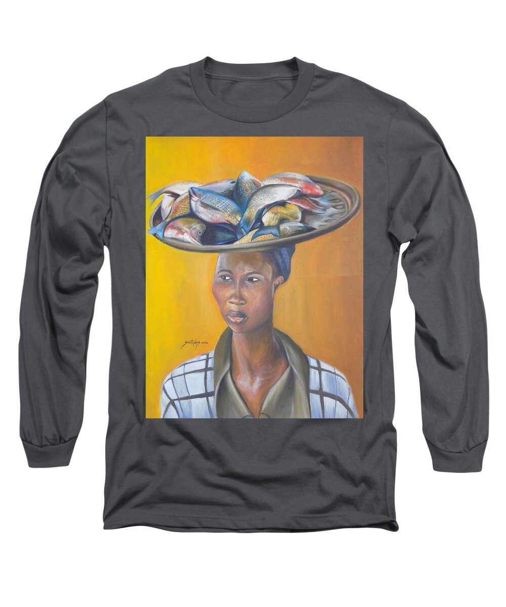 Yellow Long Sleeve T-Shirt featuring the painting Fish Seller by Olaoluwa Smith