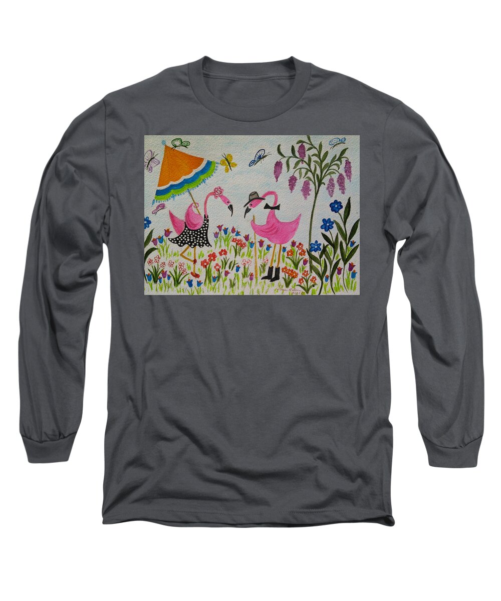 Colorful Flamingos Long Sleeve T-Shirt featuring the painting Flamingo Fun by Susan Nielsen