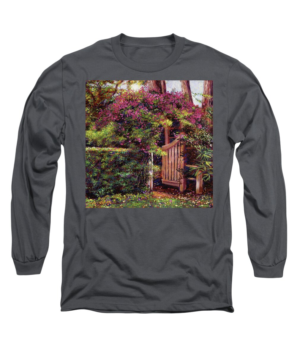 Gardens Long Sleeve T-Shirt featuring the painting Flower Draped Gateway by David Lloyd Glover