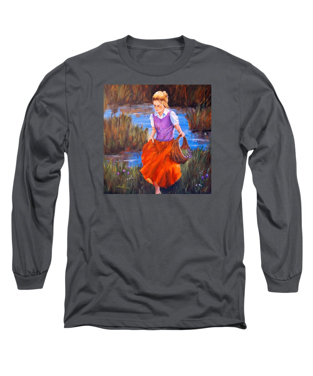 Girl Long Sleeve T-Shirt featuring the painting Flower Girl by Alan Lakin