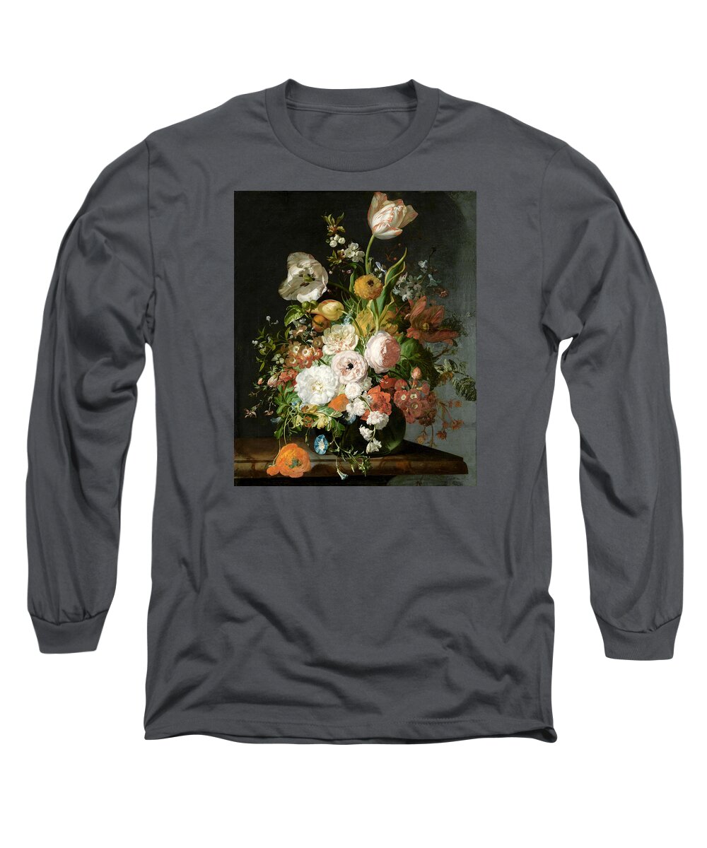 Still Life Long Sleeve T-Shirt featuring the painting Flowers in a Glass Vase by Rachel Ruysch