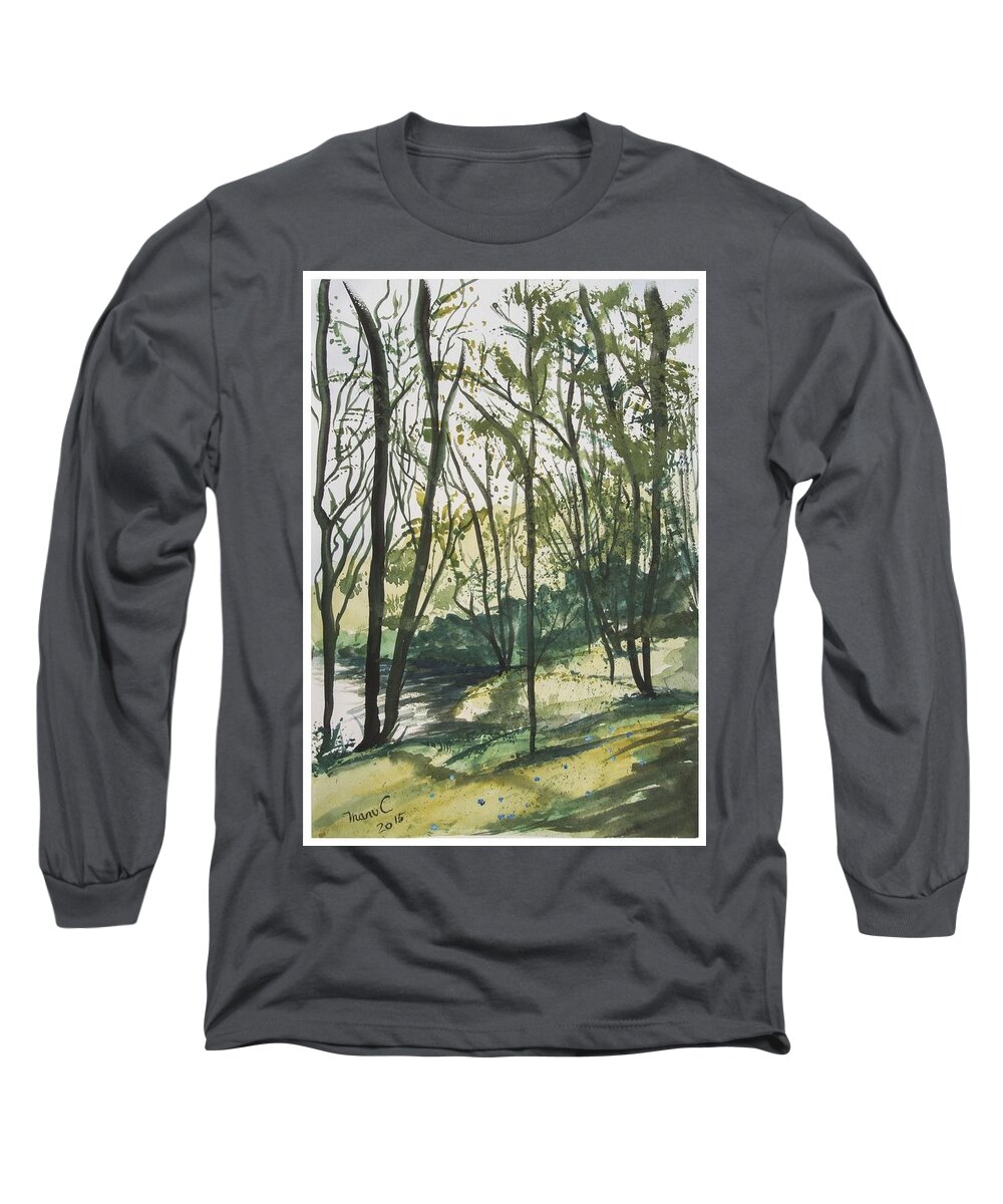 Tree Long Sleeve T-Shirt featuring the painting Forest by the lake by Manuela Constantin