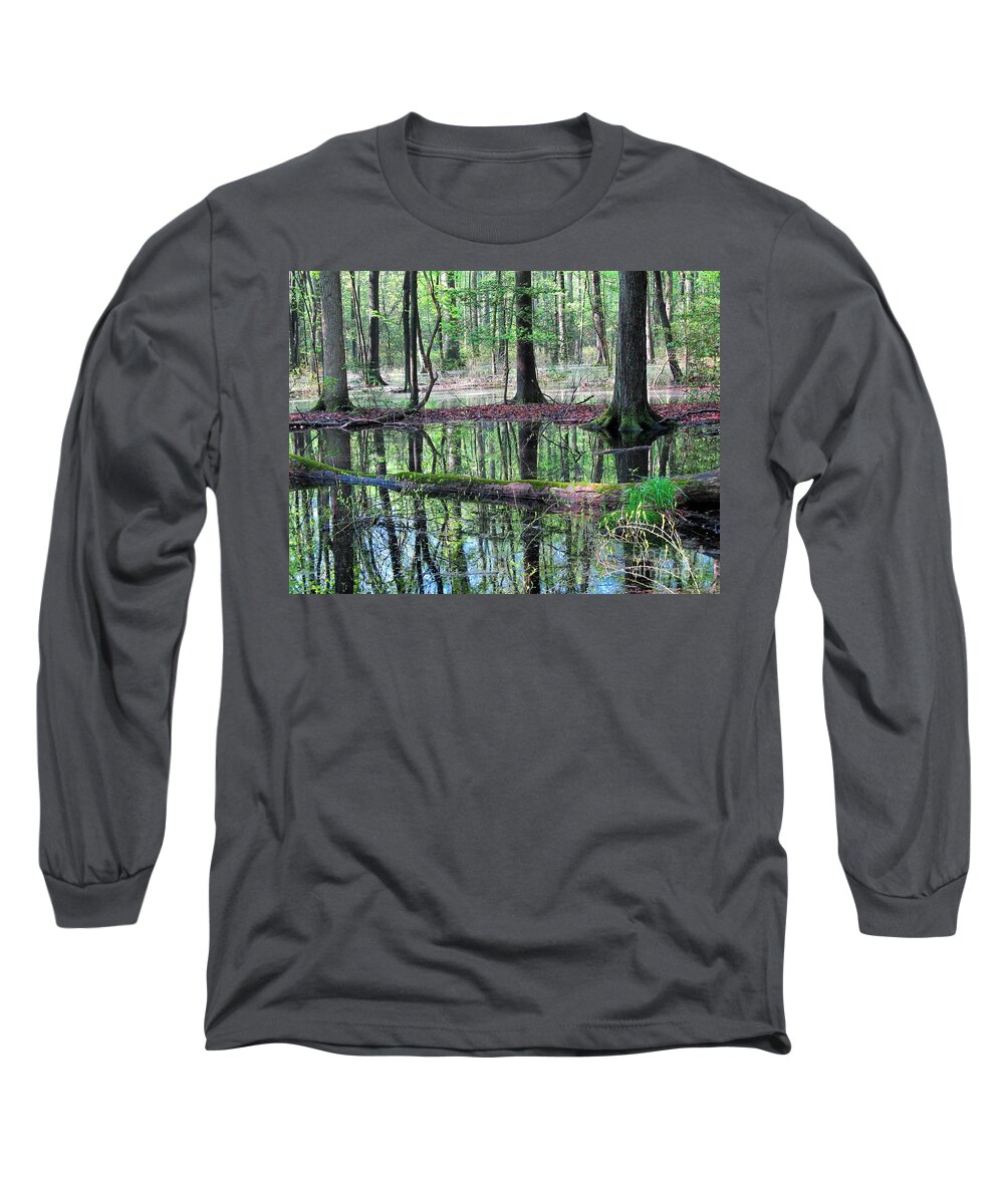 Wetland Forest Landscapes Chesapeake Bay Wetland Forest Endangered Mature Forest Habitat Maryland Wetland Forest Save The Bay Treasure The Chesapeake Wet Woodland Endangered Habitats Conservation Colorful Reflections Forest Reflections Nature Prints Long Sleeve T-Shirt featuring the photograph Forest Wetland by Joshua Bales