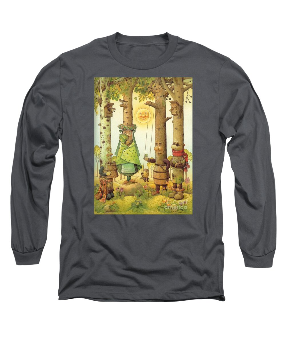 Landscape Tree Forest Green Fairy Tales Sun Spring Long Sleeve T-Shirt featuring the painting Four Trees by Kestutis Kasparavicius