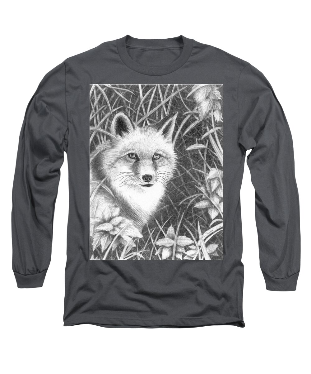 Wildlife Long Sleeve T-Shirt featuring the drawing Fox by Lawrence Tripoli