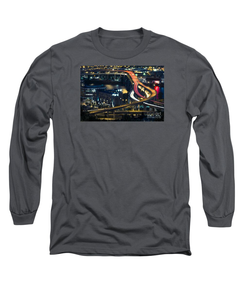 Scenics Long Sleeve T-Shirt featuring the photograph Freeway Winds Through Portland, Oregon at Night by Bryan Mullennix