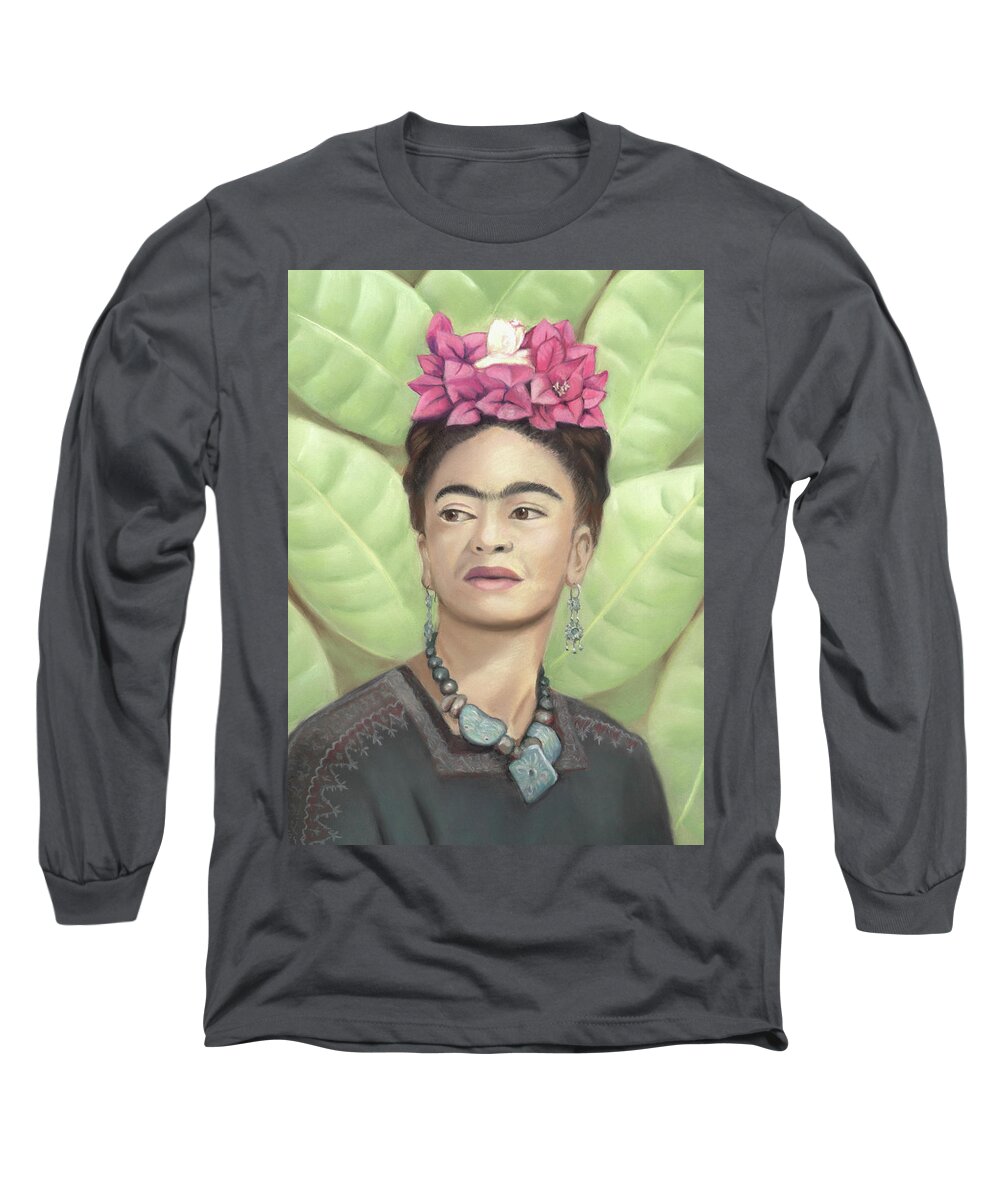 Frida Kahlo Long Sleeve T-Shirt featuring the pastel Frida Kahlo by Linda Ruiz-Lozito