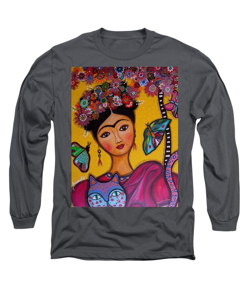 Flower Long Sleeve T-Shirt featuring the painting Frida Kahlo by Pristine Cartera Turkus