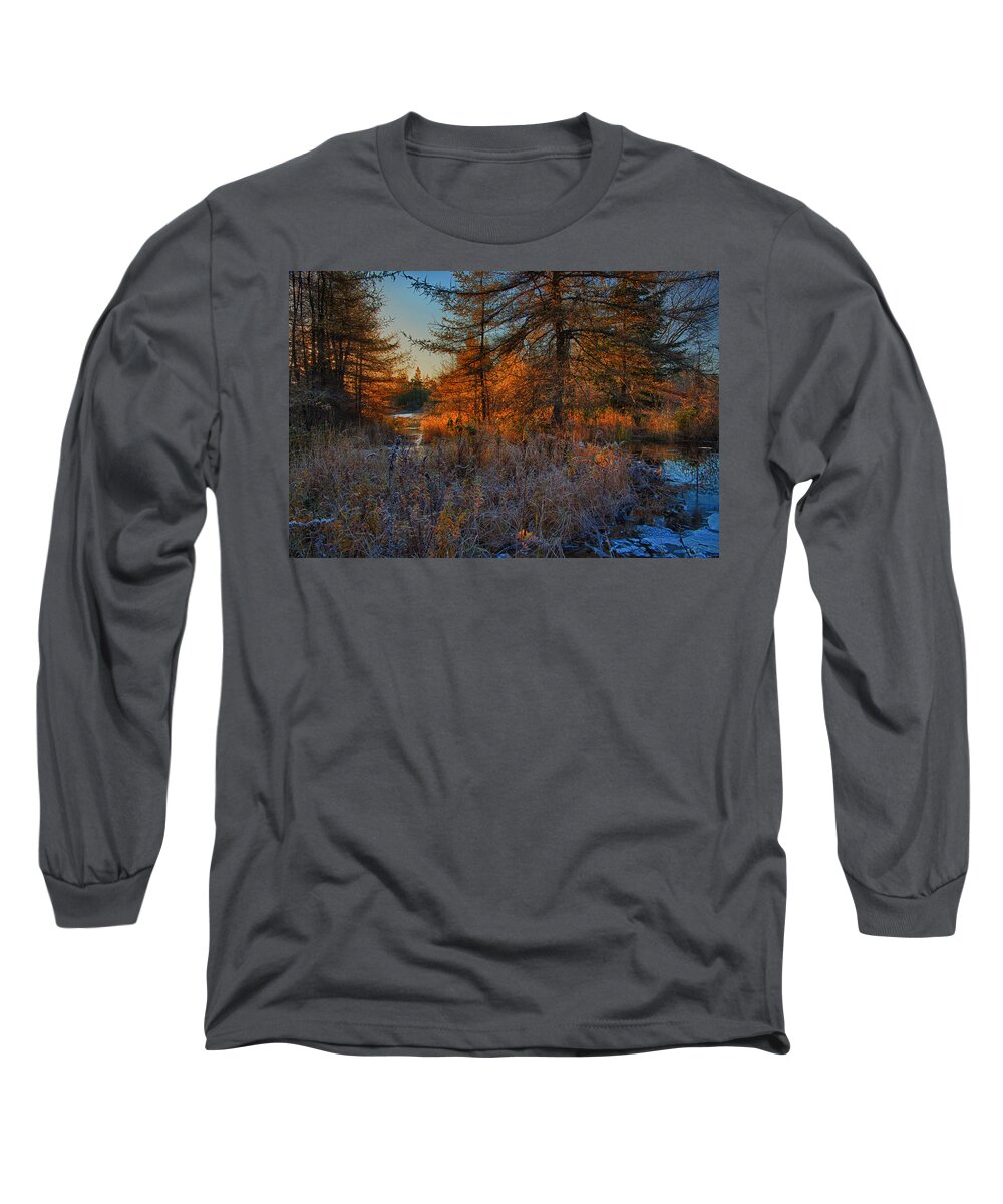 Buctagen Barrens Long Sleeve T-Shirt featuring the photograph Frosty Morning Sunrise Along Bearden Brook by Irwin Barrett