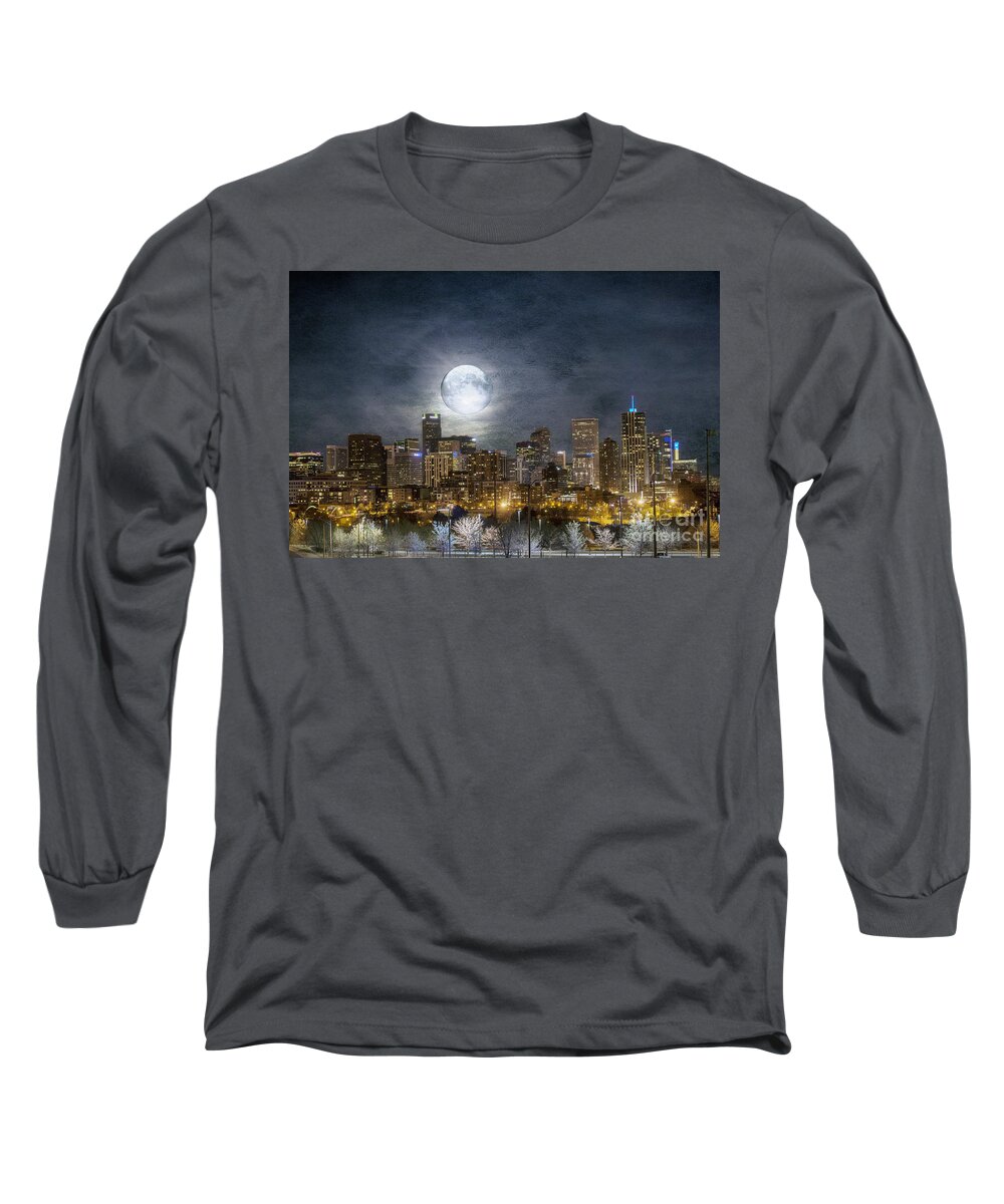 Buildings Long Sleeve T-Shirt featuring the photograph Full Moon Over Denver by Juli Scalzi