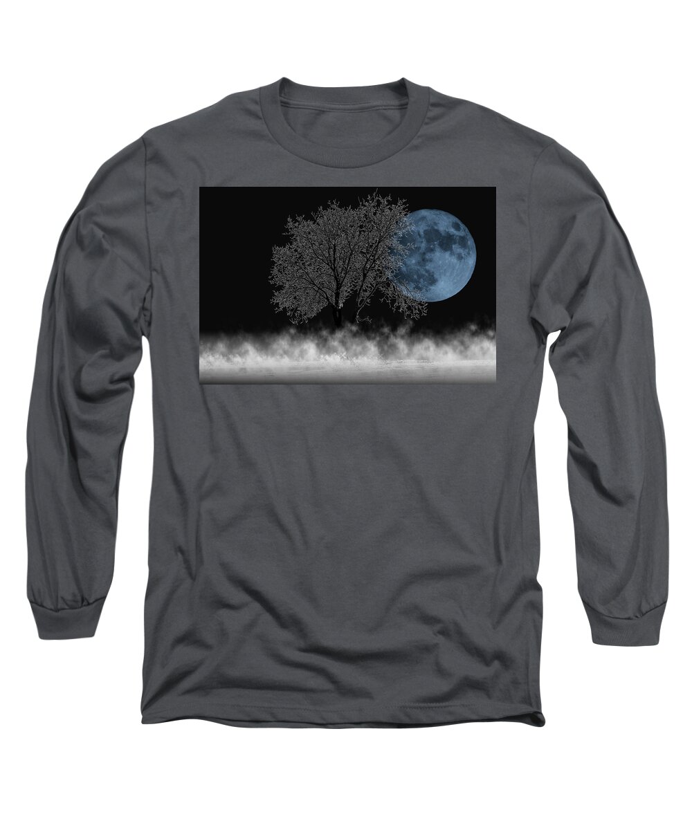 Composite Long Sleeve T-Shirt featuring the digital art Full moon over iced tree by Wolfgang Stocker