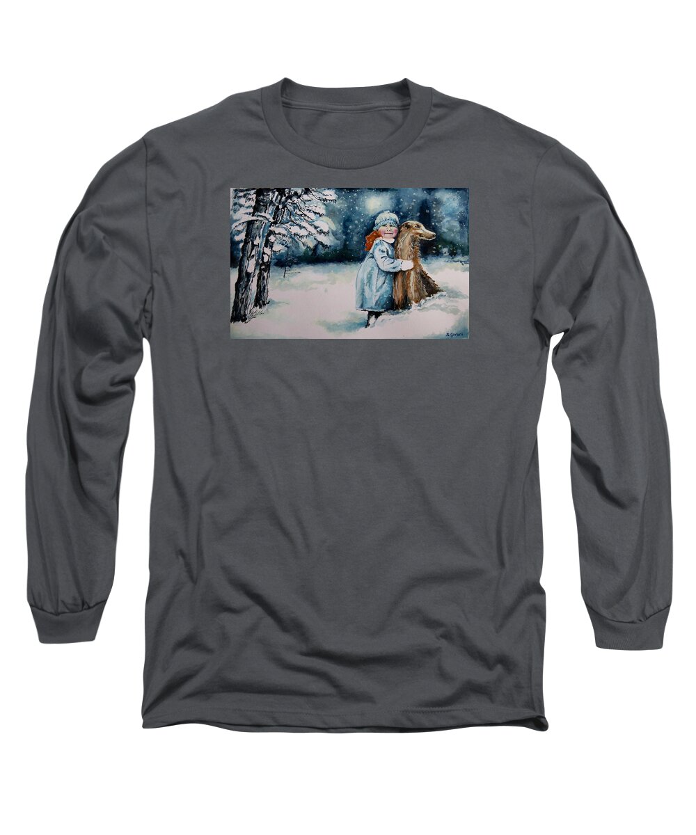 Fun In The Snow Long Sleeve T-Shirt featuring the painting Fun In The Snow by Geni Gorani