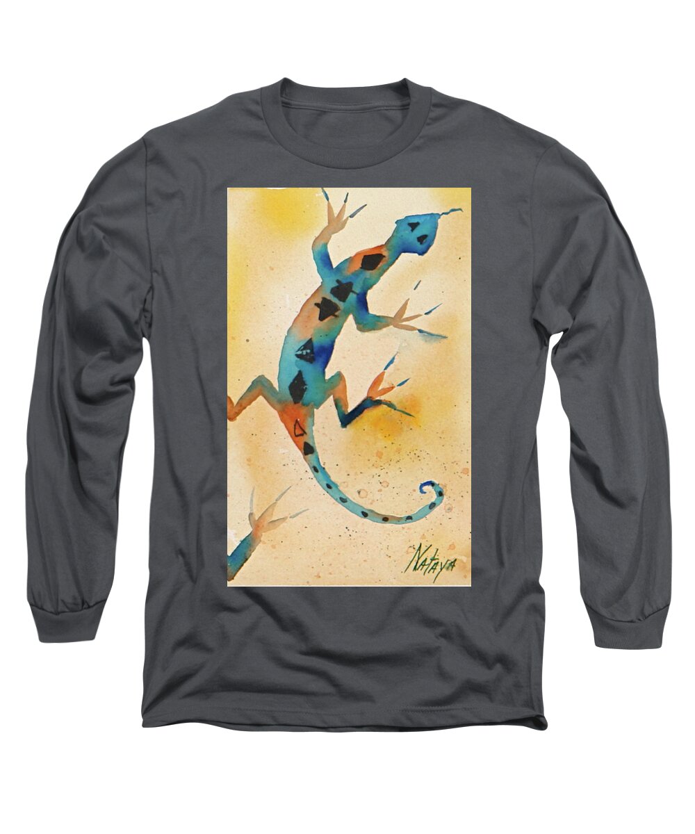 Lizard Long Sleeve T-Shirt featuring the painting Funky Lizard by Nataya Crow