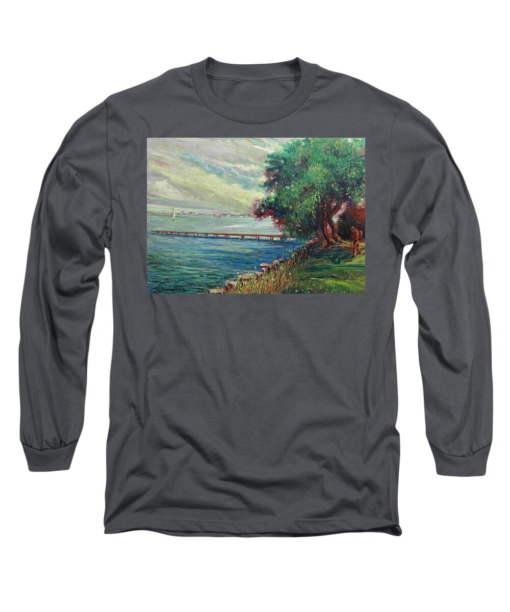 Landscape Long Sleeve T-Shirt featuring the painting Garda Lake -Lago Garda by Walter Casaravilla