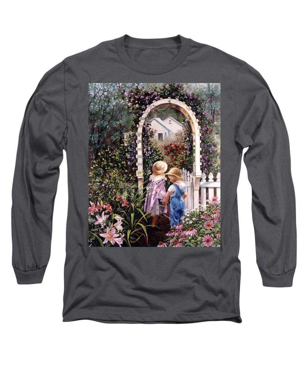 In The Garden Long Sleeve T-Shirt featuring the painting Garden Gate by Marie Witte